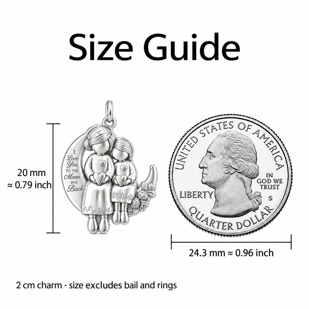 Love You to the Moon Sisters Charm Bracelet Set – size guide, 13 mm charm next to a quarter