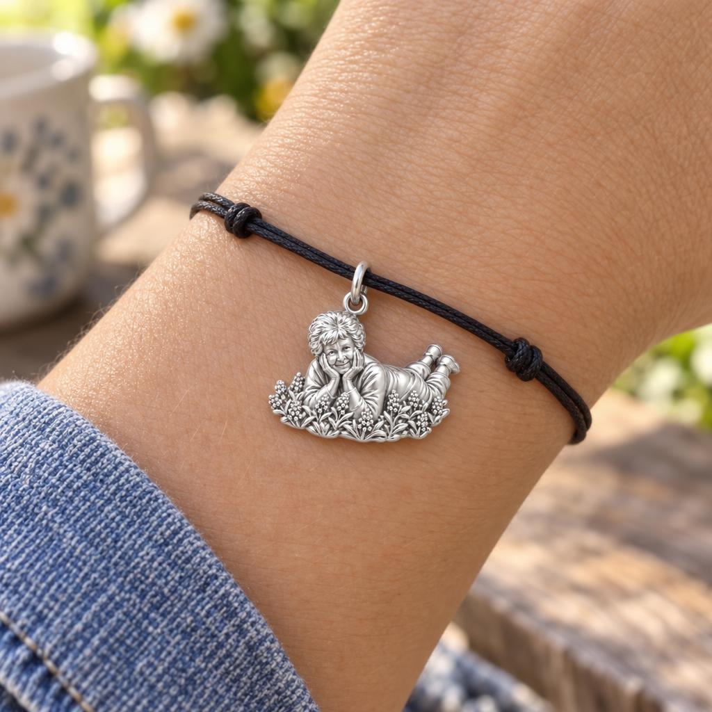 Loved One in Garden Charm Bracelet – Personalized Mom Gift – worn on the wrist on a black cord bracelet