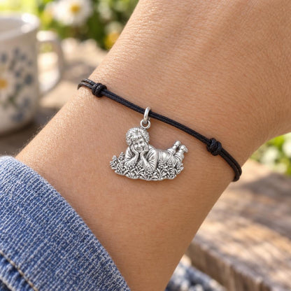 Loved One in Garden Charm Bracelet – Personalized Mom Gift – worn on the wrist on a black cord bracelet