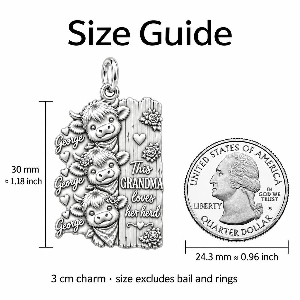 Loves Her Herd Highland Cows Charm Bracelet – Personalized Grandma – size guide, 3 cm charm next to a quarter