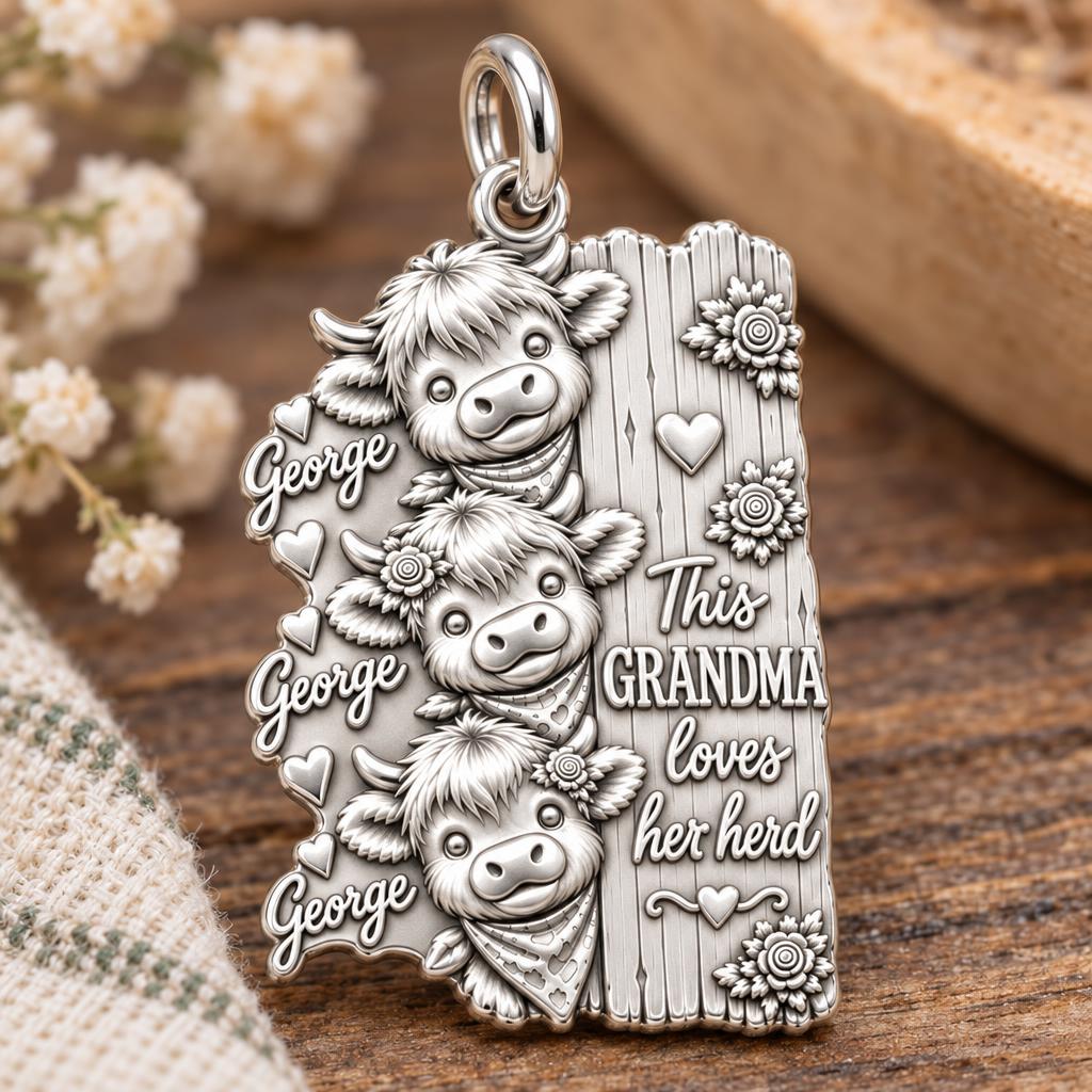 Loves Her Herd Highland Cows Charm Bracelet – Personalized Grandma – macro detail of the charm
