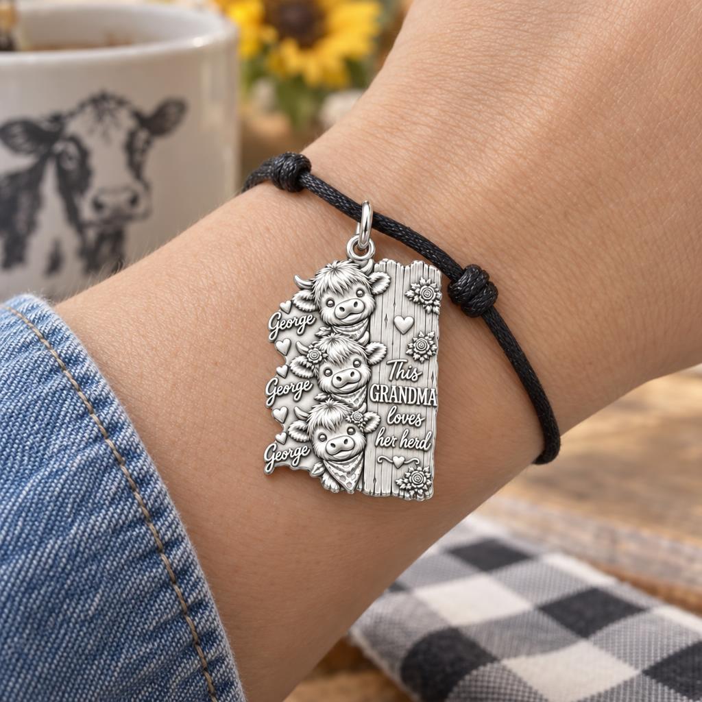 Loves Her Herd Highland Cows Charm Bracelet – Personalized Grandma – worn on the wrist on a black cord bracelet