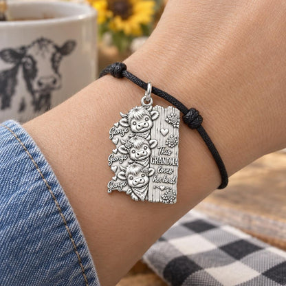 Loves Her Herd Highland Cows Charm Bracelet – Personalized Grandma – worn on the wrist on a black cord bracelet