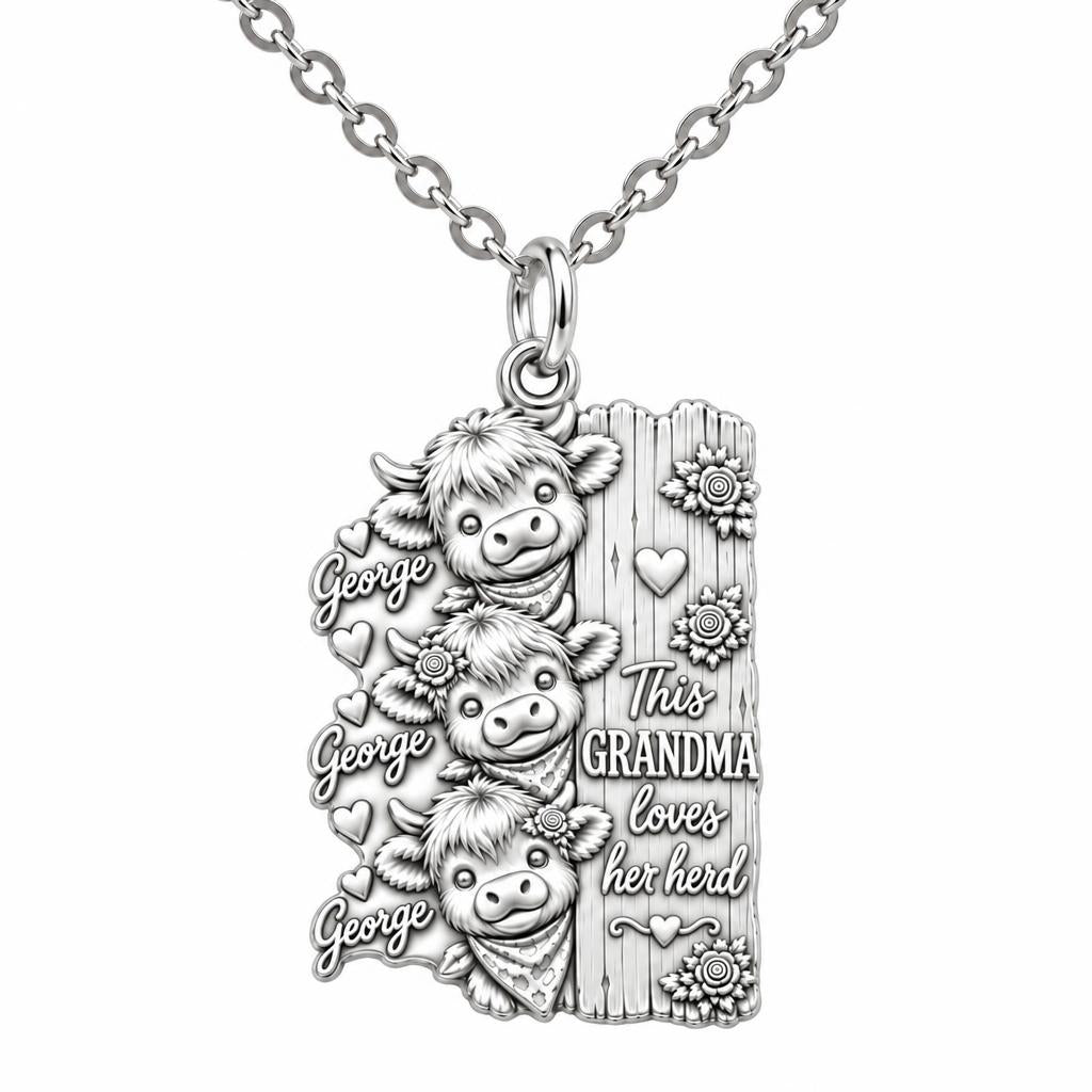 Loves Her Herd Highland Cows Charm Necklace Set – silver, front view