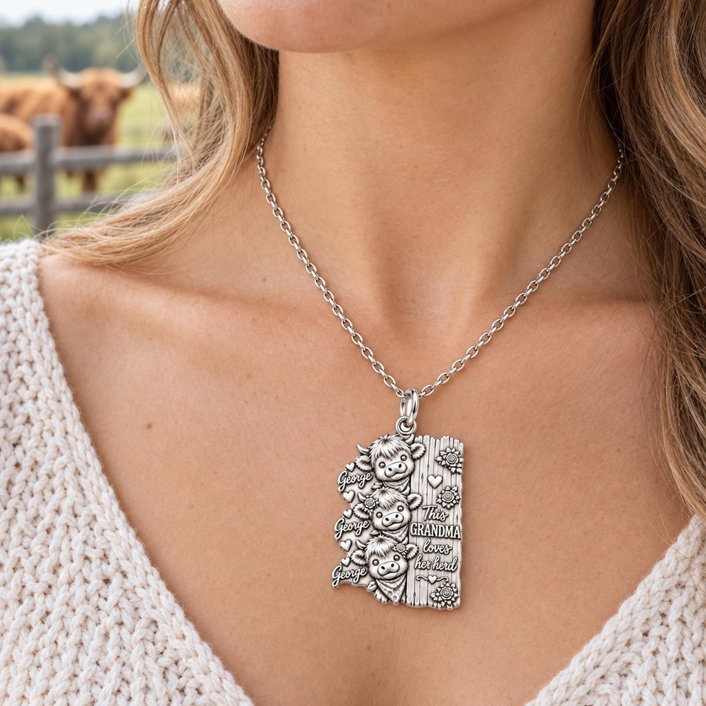 Loves Her Herd Highland Cows Charm Necklace Set – worn / in use