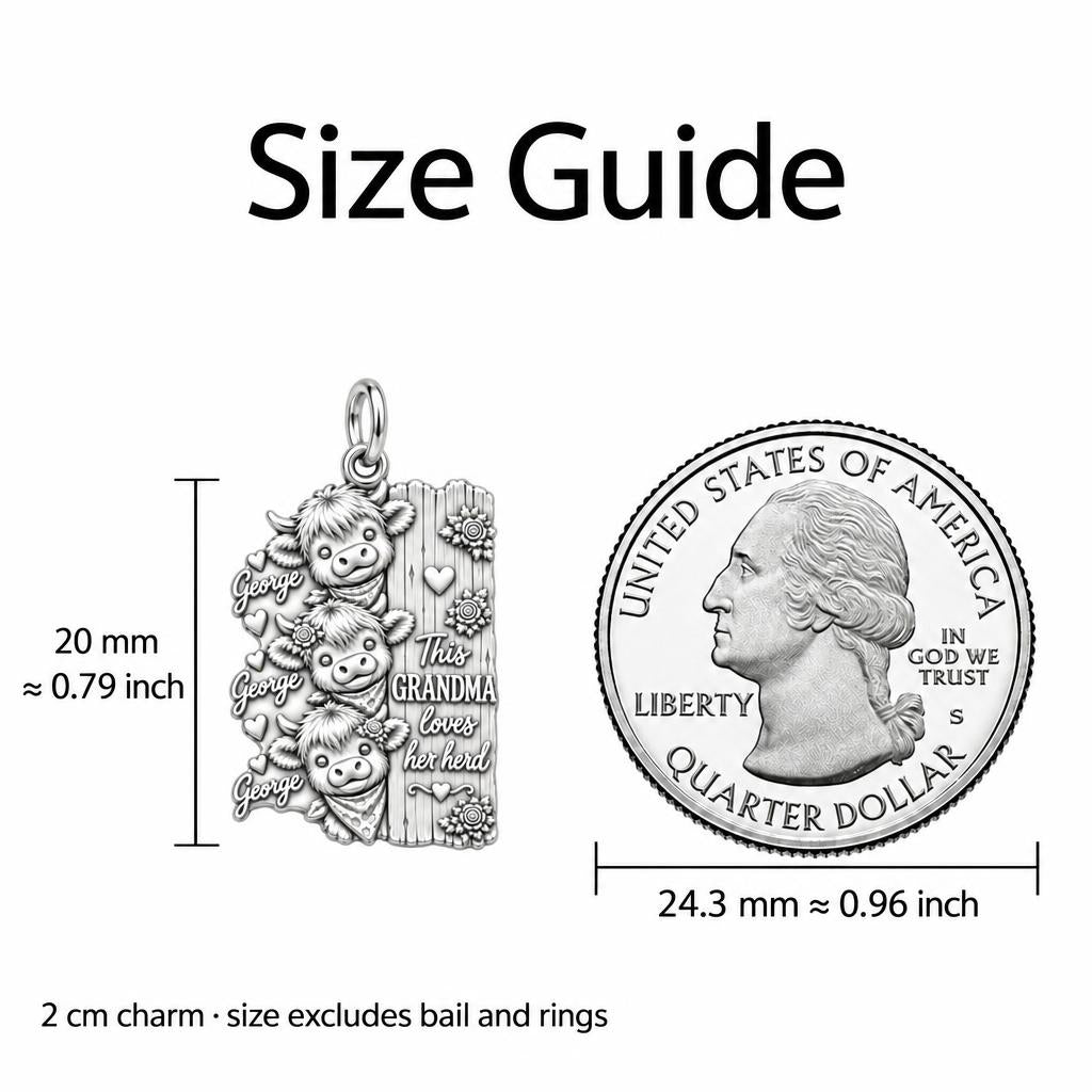 Loves Her Herd Highland Cows Charm Necklace Set – size guide, 13 mm charm next to a quarter