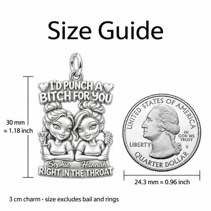 Loyal Bestie Humor Charm Bracelet – Personalized Best Friend Gift – size guide, 3 cm charm next to a quarter