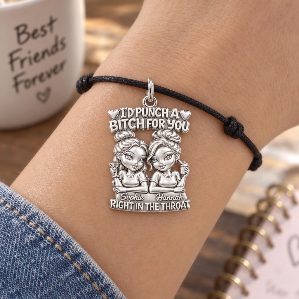 Loyal Bestie Humor Charm Bracelet – Personalized Best Friend Gift – worn on the wrist on a black cord bracelet