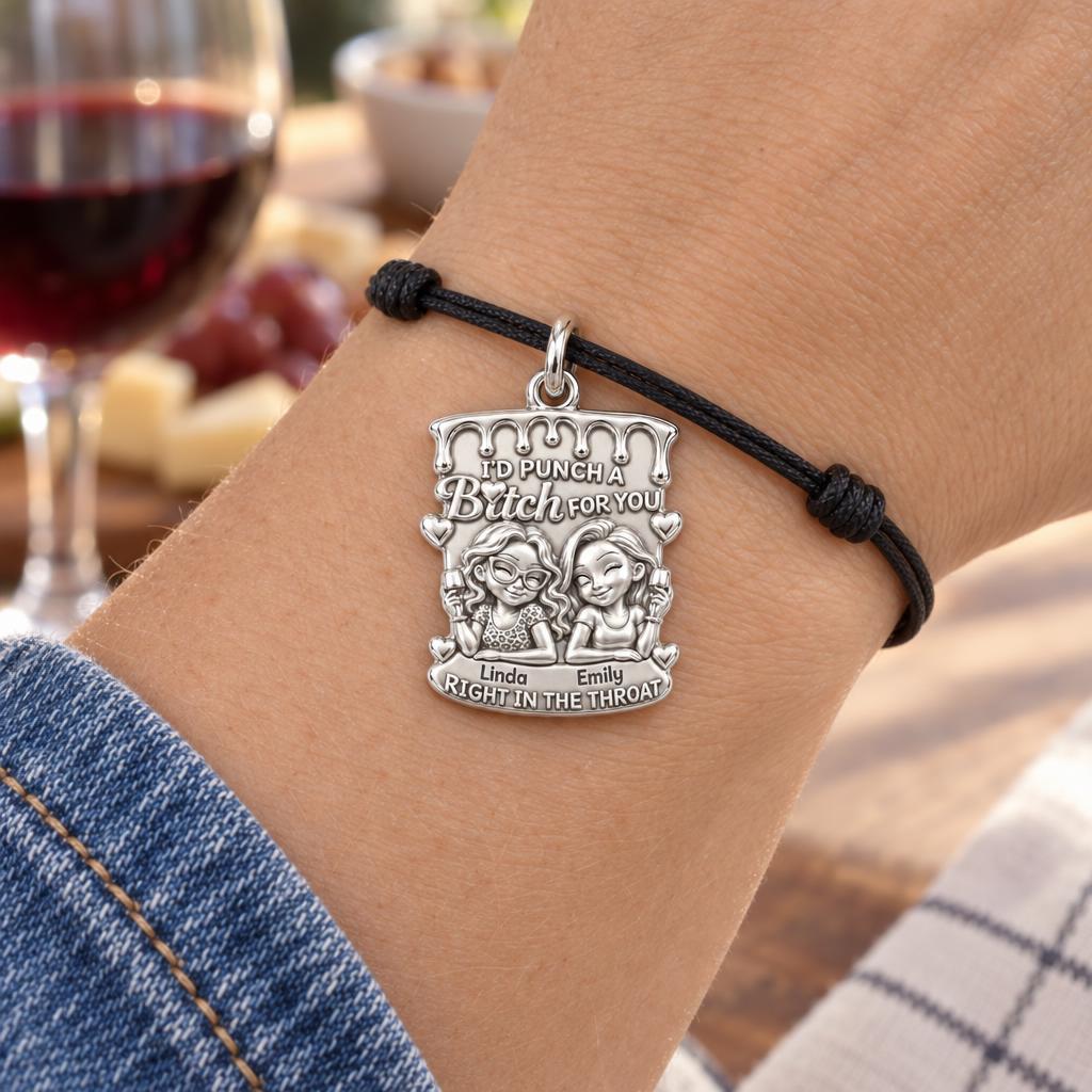 Loyal Bestie Wine Night Charm Bracelet – Personalized Friend Gift – worn on the wrist on a black cord bracelet