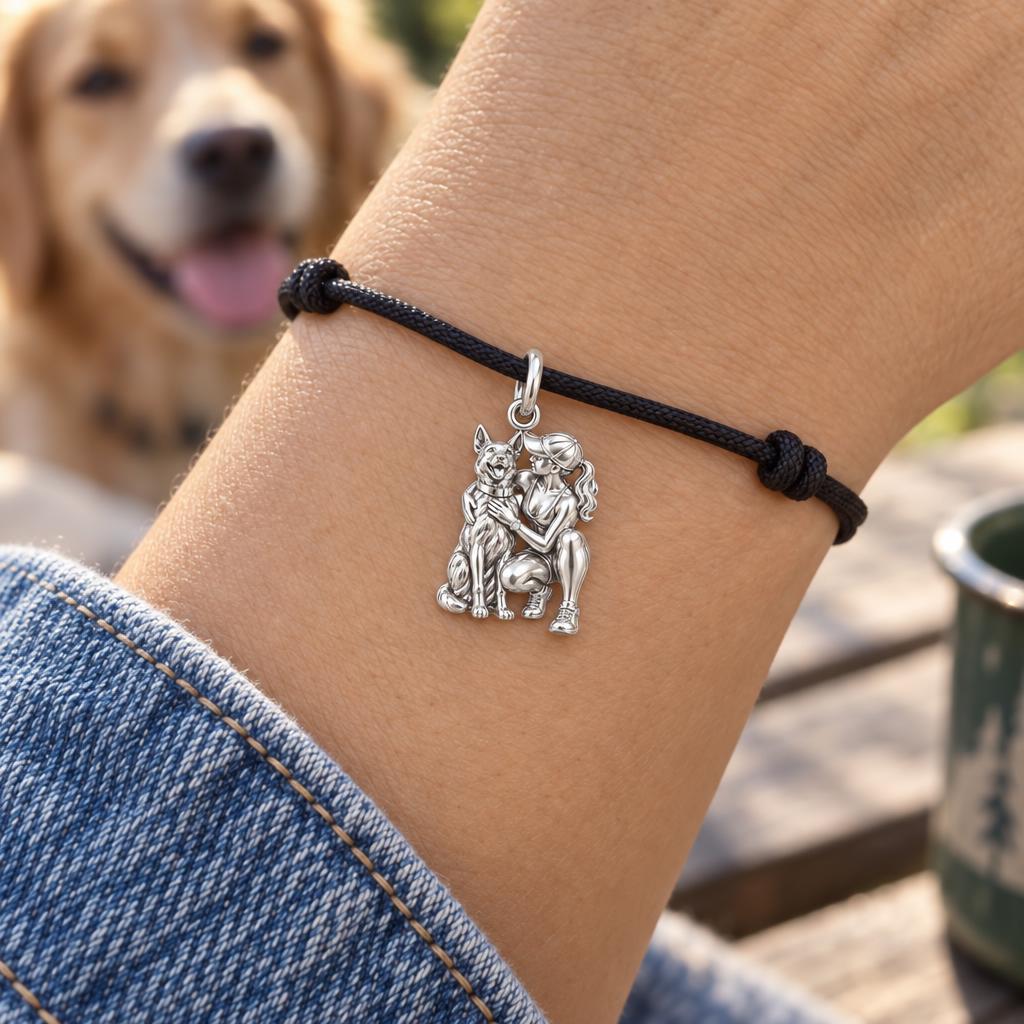 Loyal Companion Sidekick Charm Bracelet – Personalized Dog Mom Gift – worn on the wrist on a black cord bracelet