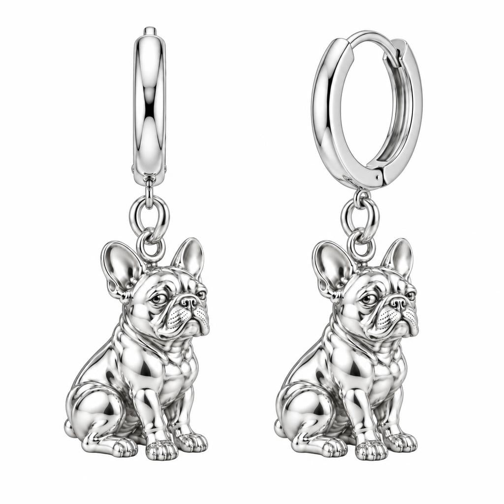 Loyal French Bulldog Huggie Charm Earrings – silver, front view