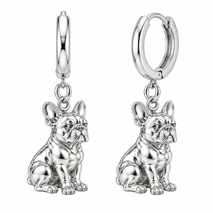 Loyal French Bulldog Huggie Charm Earrings – silver, front view