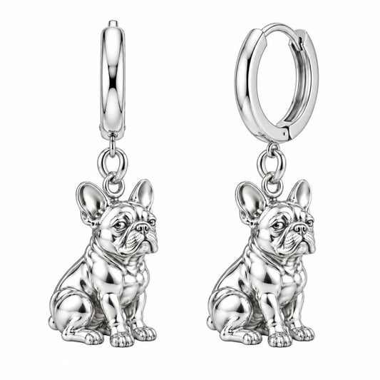 Loyal French Bulldog Huggie Charm Earrings – silver, front view