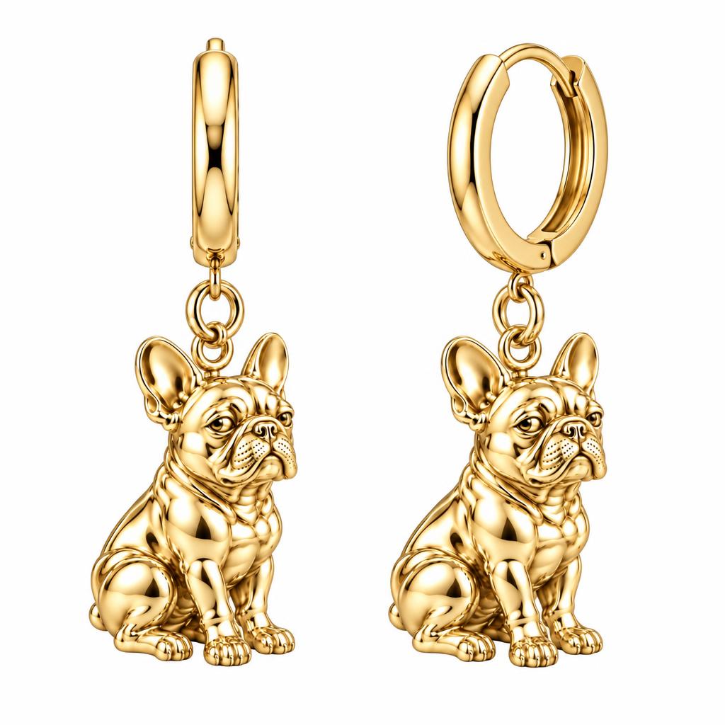 Loyal French Bulldog Huggie Charm Earrings – 18K gold, front view