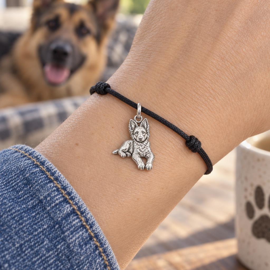 Loyal German Shepherd Charm Bracelet – Personalized Dog Mom Gift – worn on the wrist on a black cord bracelet
