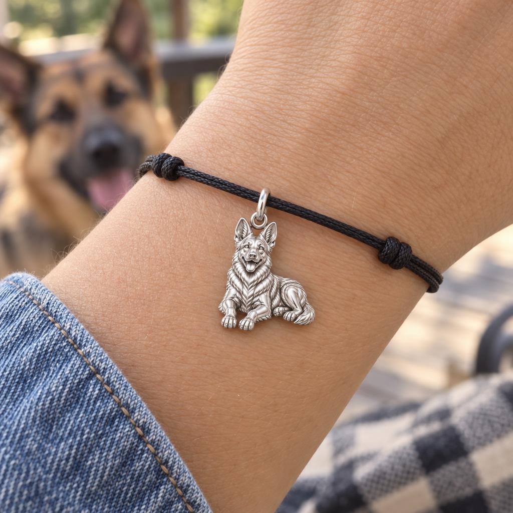 Loyal Guardian German Shepherd Expression Charm Bracelet – Personalized Dog Mom Gift – worn on the wrist on a black cord bracelet