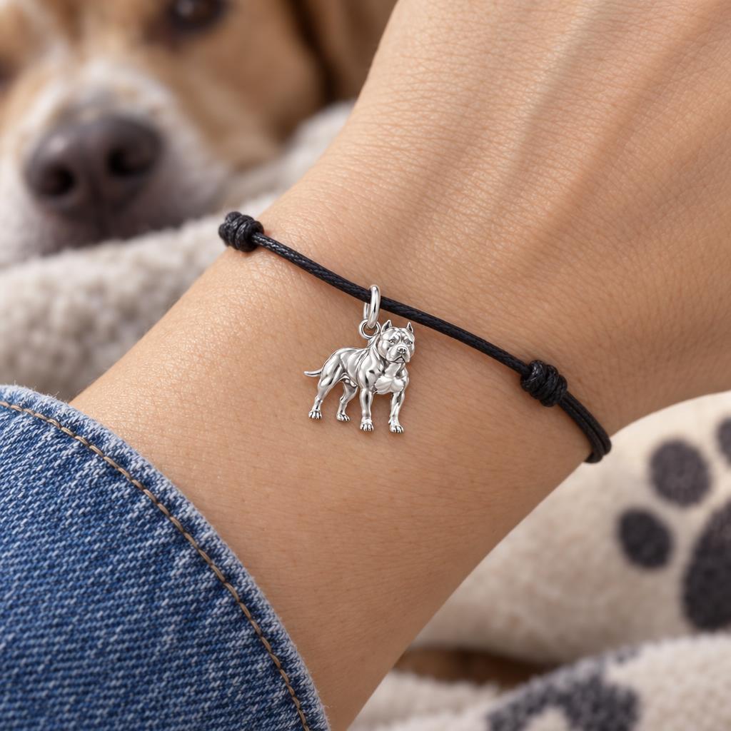 Loyal Guardian Pit Bull Charm Bracelet – Personalized Dog Mom Gift – worn on the wrist on a black cord bracelet