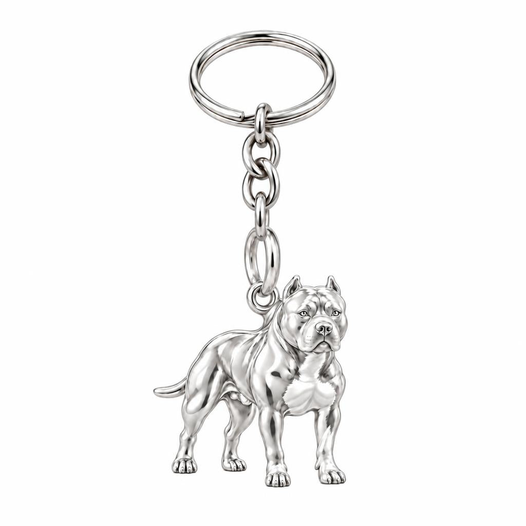 Loyal Guardian Pit Bull Charm Keychain – silver, front view