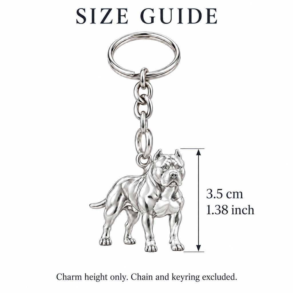 Loyal Guardian Pit Bull Charm Keychain – size guide, 3.5 cm (1.38 in) charm, chain and keyring excluded