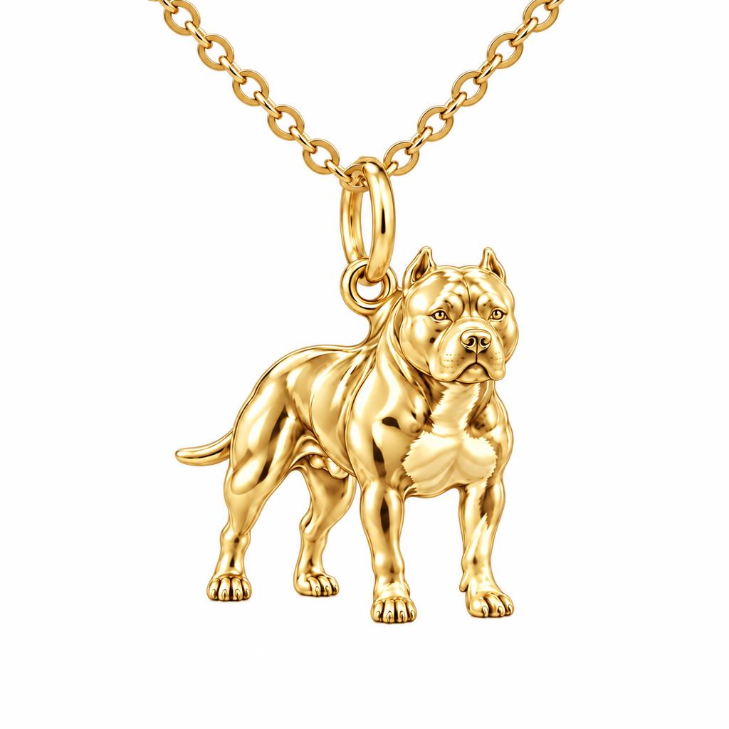 Loyal Guardian Pit Bull Charm Necklace Set – 18K gold, front view