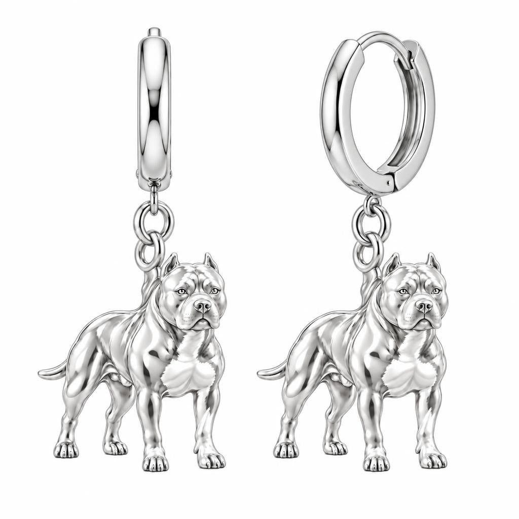 Loyal Guardian Pit Bull Huggie Charm Earrings – silver, front view