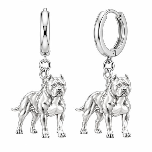 Loyal Guardian Pit Bull Huggie Charm Earrings – silver, front view