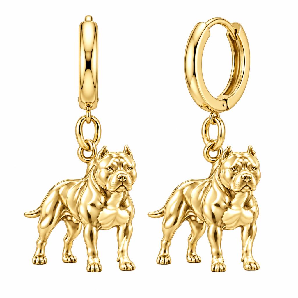 Loyal Guardian Pit Bull Huggie Charm Earrings – 18K gold, front view