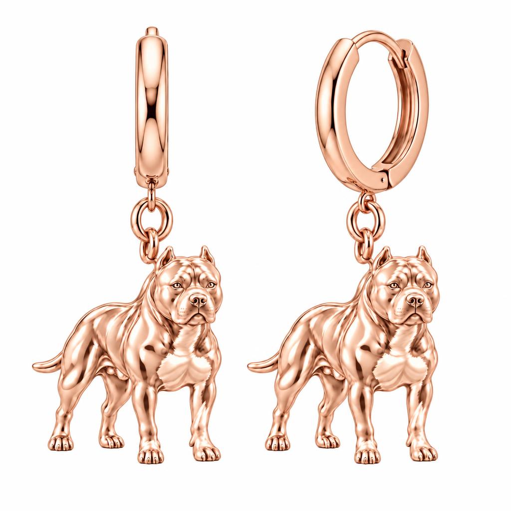 Loyal Guardian Pit Bull Huggie Charm Earrings – rose gold, front view