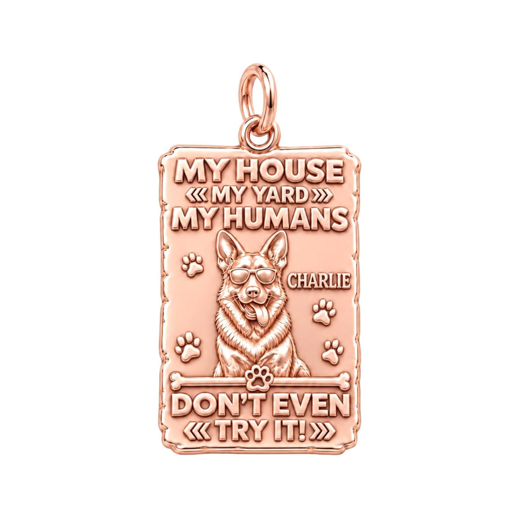 Loyal Guardian Sign Charm Bracelet – Personalized Dog Mom Gift – rose gold 3 cm charm, front view