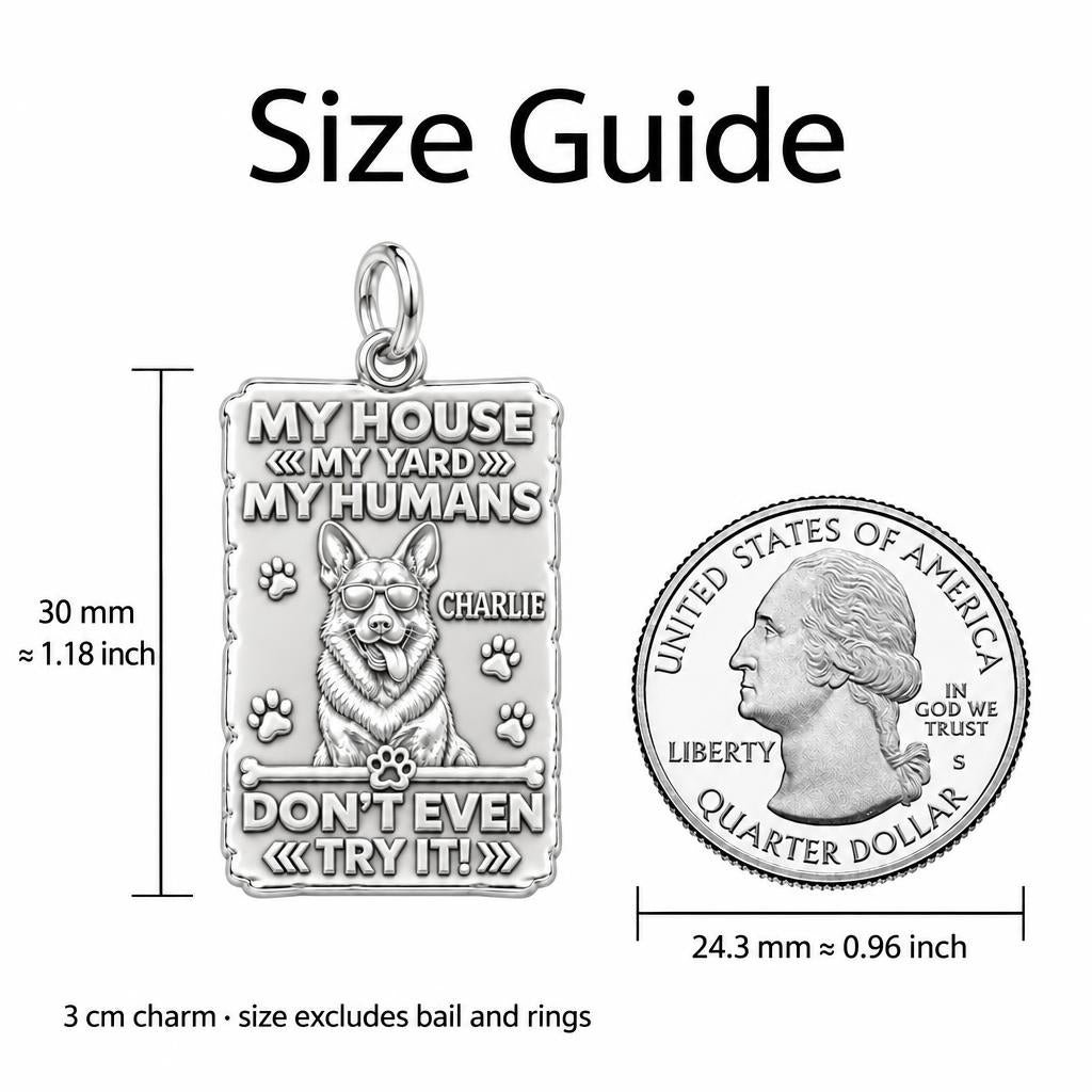 Loyal Guardian Sign Charm Bracelet – Personalized Dog Mom Gift – size guide, 3 cm charm next to a quarter