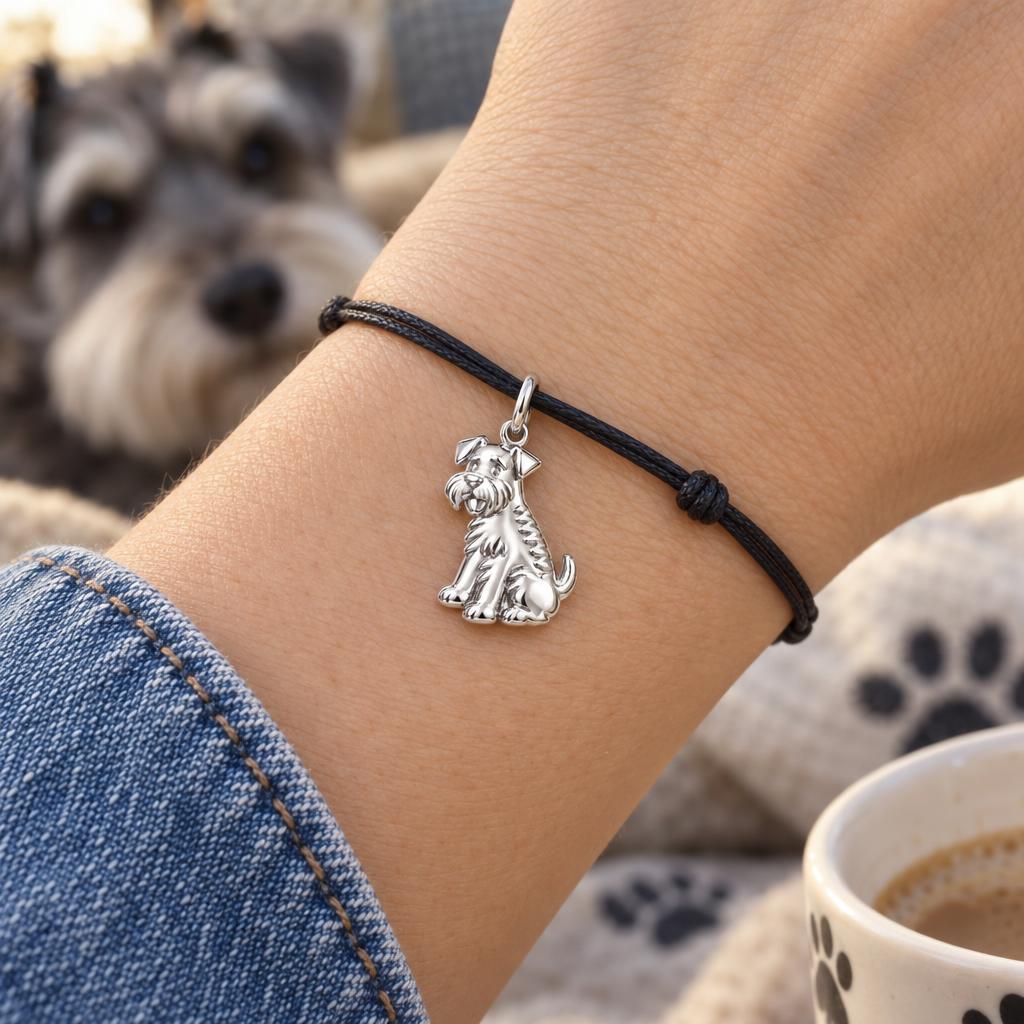 Loyal Schnauzer Spirit Charm Bracelet – worn on the wrist on a black cord bracelet