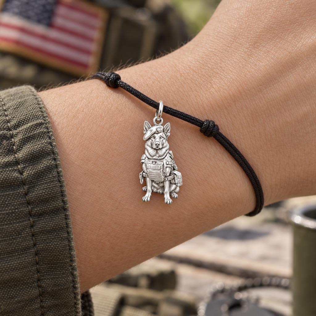 Loyal Service K9 Charm Bracelet – Personalized Veteran Gift – worn on the wrist on a black cord bracelet