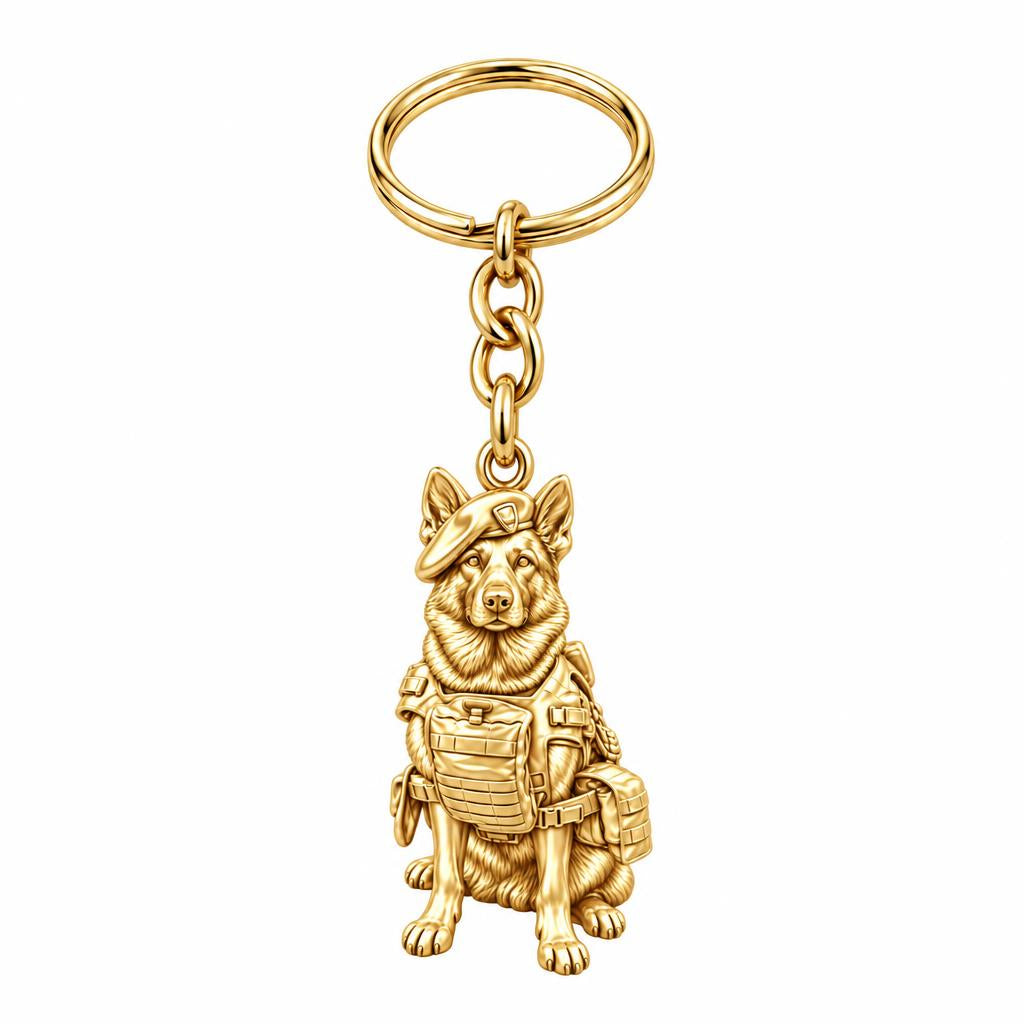 Loyal Service K9 Charm Keychain – 18K gold, front view