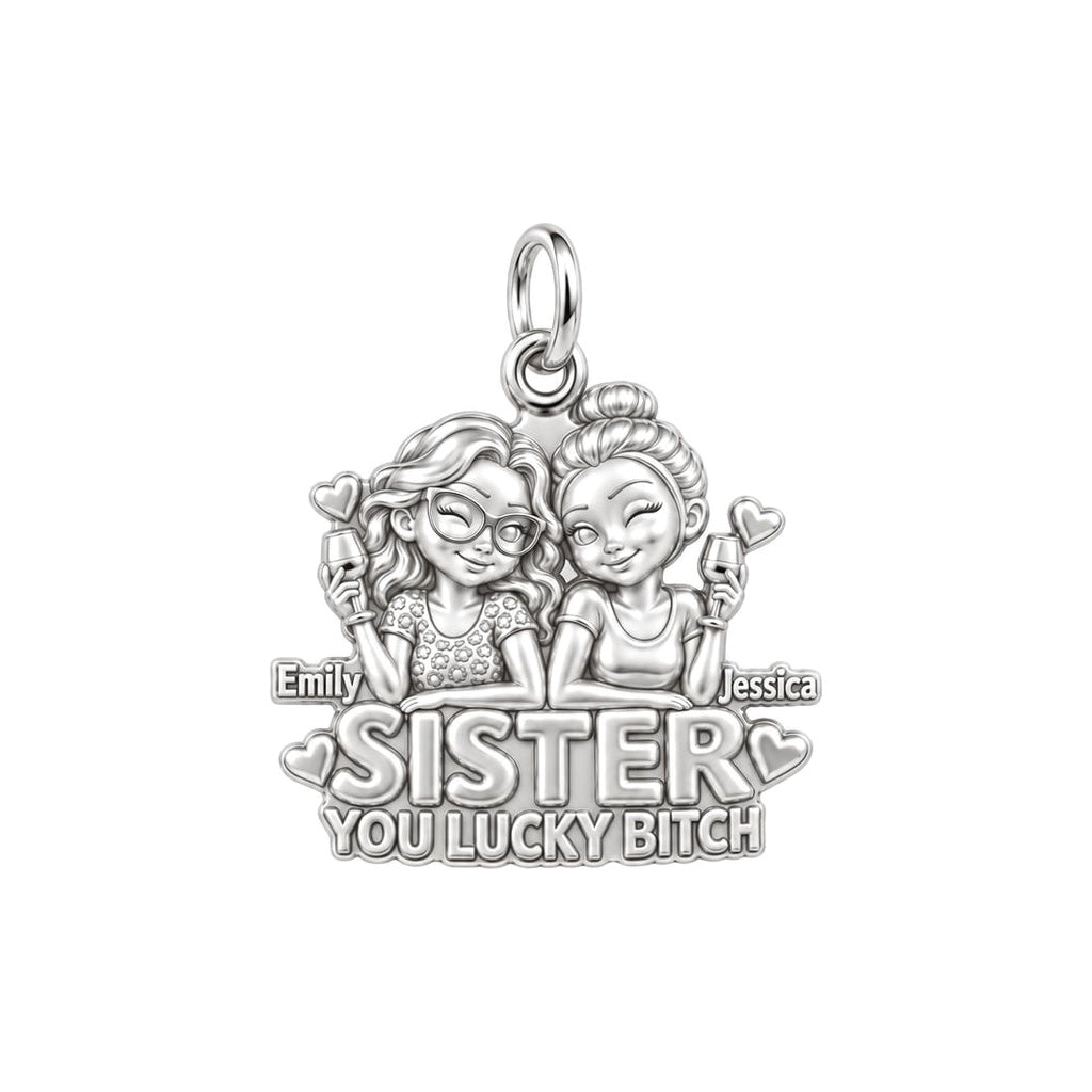 Lucky B*tch Sisters Charm Bracelet – Personalized Sister Gift – silver plated 3 cm charm, front view