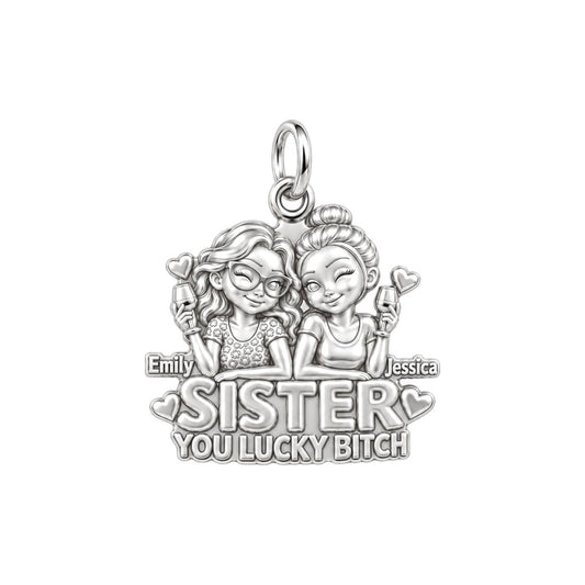 Lucky B*tch Sisters Charm Bracelet – Personalized Sister Gift – silver plated 3 cm charm, front view
