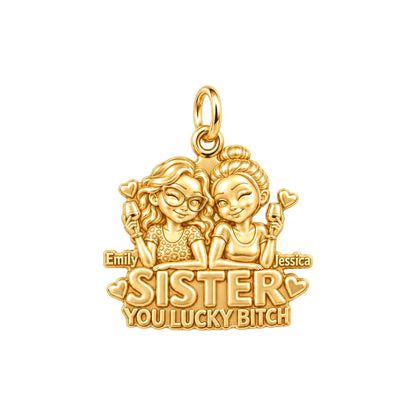 Lucky B*tch Sisters Charm Bracelet – Personalized Sister Gift – 18K gold plated 3 cm charm, front view