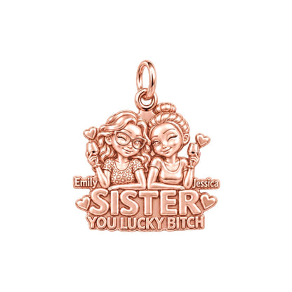 Lucky B*tch Sisters Charm Bracelet – Personalized Sister Gift – rose gold 3 cm charm, front view
