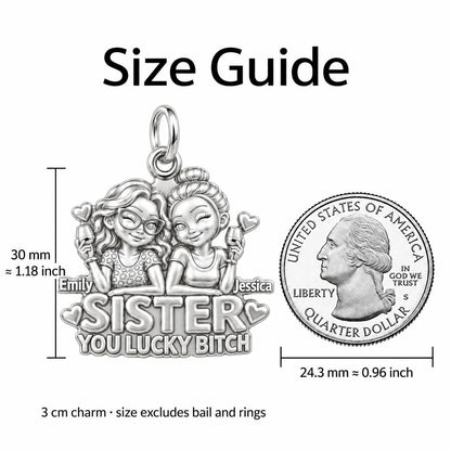 Lucky B*tch Sisters Charm Bracelet – Personalized Sister Gift – size guide, 3 cm charm next to a quarter