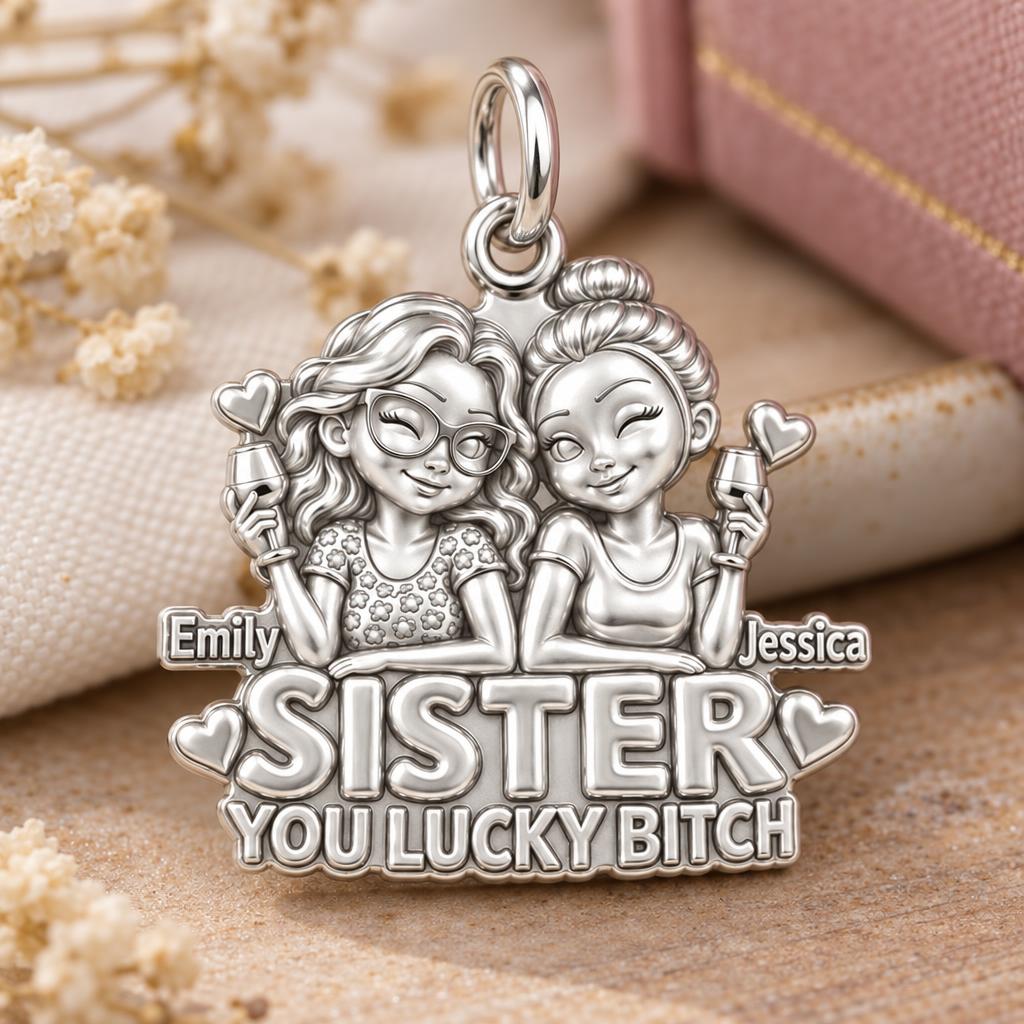Lucky B*tch Sisters Charm Bracelet – Personalized Sister Gift – macro detail of the charm