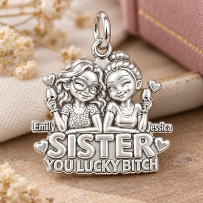Lucky B*tch Sisters Charm Bracelet – Personalized Sister Gift – macro detail of the charm