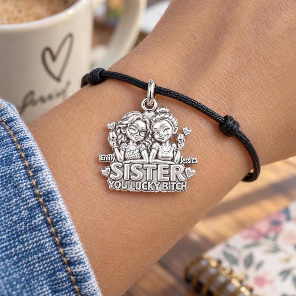 Lucky B*tch Sisters Charm Bracelet – Personalized Sister Gift – worn on the wrist on a black cord bracelet