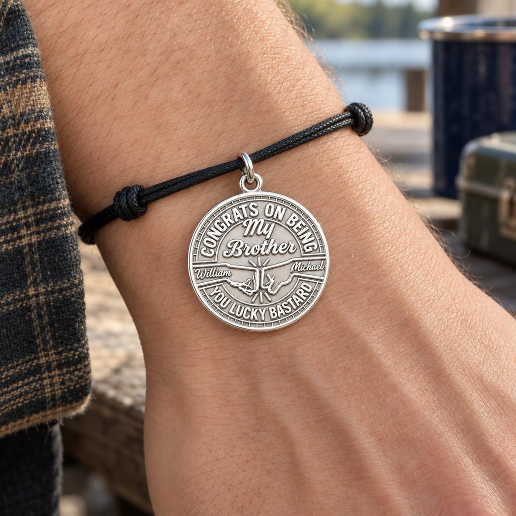 Lucky Bastard Brother Charm Bracelet – Personalized Brother Gift – worn on the wrist on a black cord bracelet