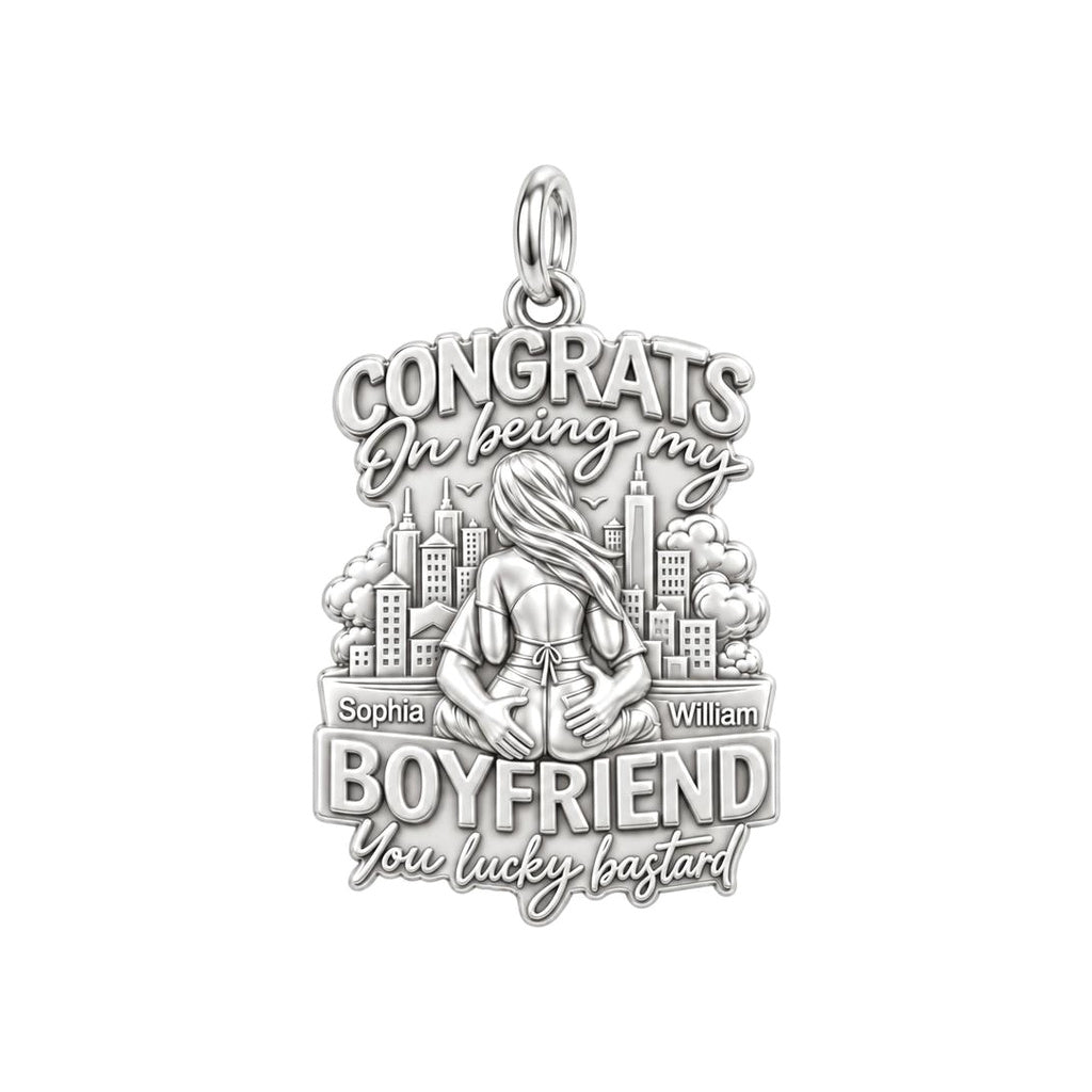 Lucky Bastard Cityscape Charm Bracelet – Personalized Couple Gift – silver plated 3 cm charm, front view