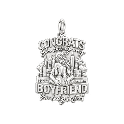 Lucky Bastard Cityscape Charm Bracelet – Personalized Couple Gift – silver plated 3 cm charm, front view