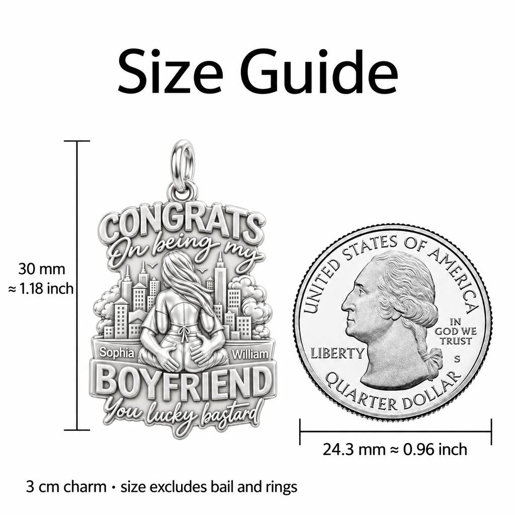 Lucky Bastard Cityscape Charm Bracelet – Personalized Couple Gift – size guide, 3 cm charm next to a quarter