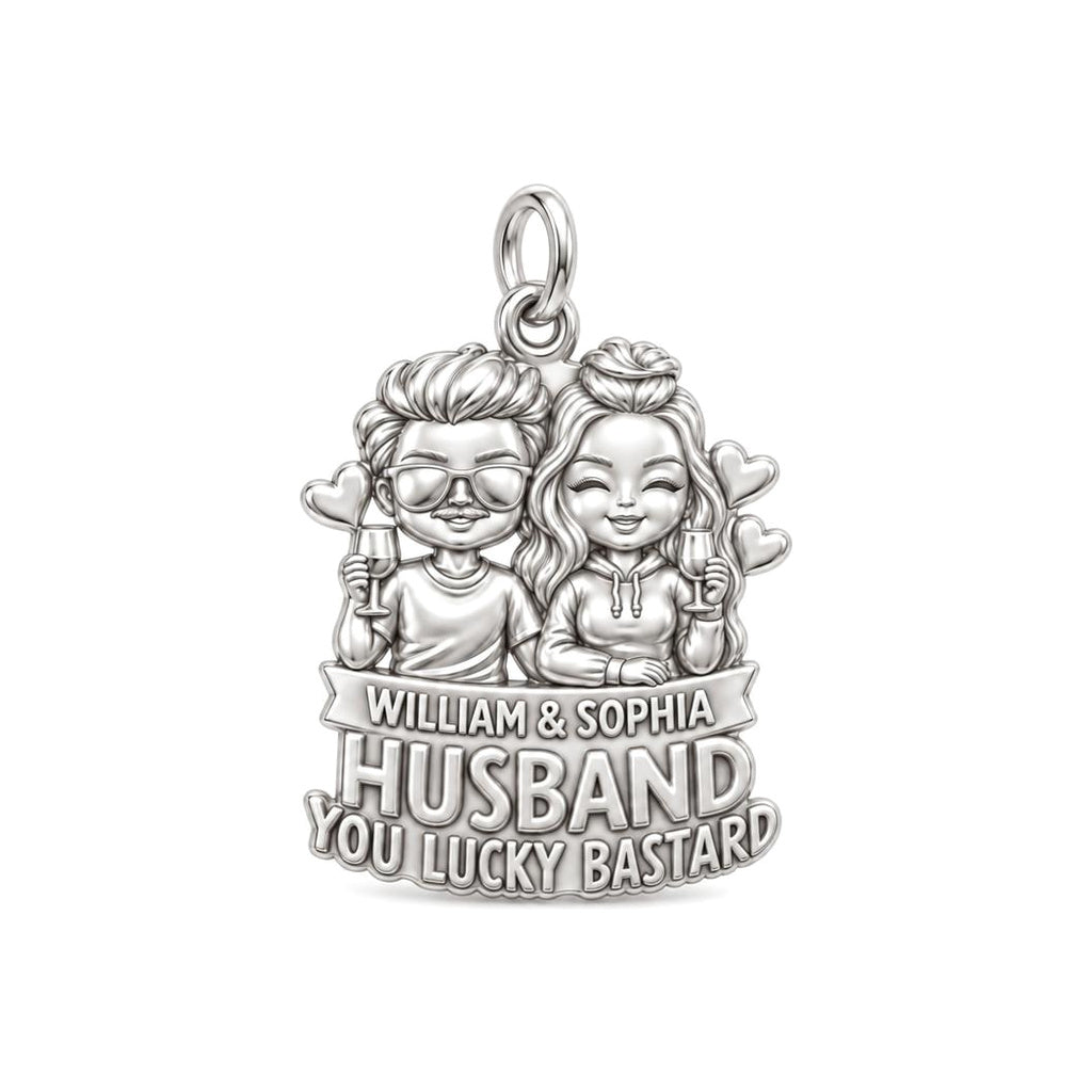 Lucky Bastard Couple Charm Bracelet – Personalized Couple Gift – silver plated 3 cm charm, front view