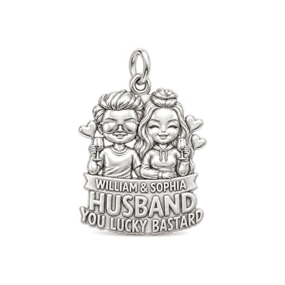 Lucky Bastard Couple Charm Bracelet – Personalized Couple Gift – silver plated 3 cm charm, front view