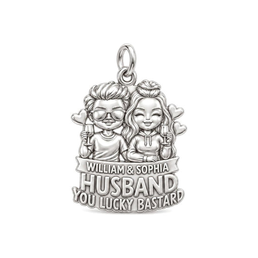 Lucky Bastard Couple Charm Bracelet – Personalized Couple Gift – silver plated 3 cm charm, front view