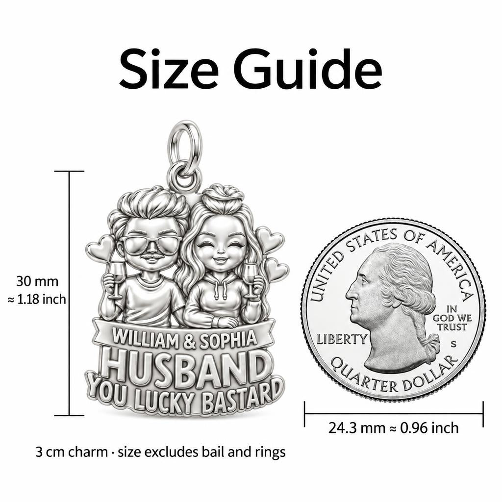 Lucky Bastard Couple Charm Bracelet – Personalized Couple Gift – size guide, 3 cm charm next to a quarter