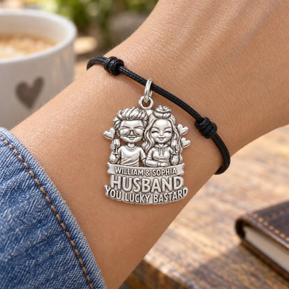 Lucky Bastard Couple Charm Bracelet – Personalized Couple Gift – worn on the wrist on a black cord bracelet